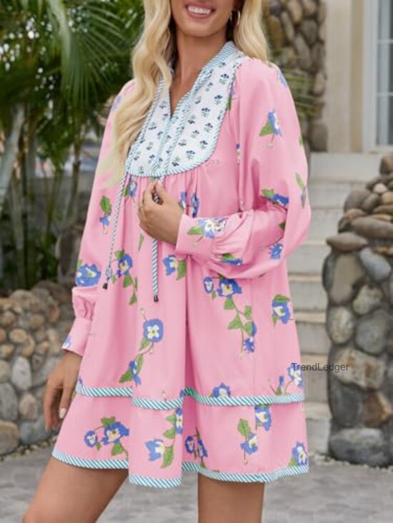 Long Sleeve V Neck Mini Dress Floral Patchwork Loose Boho Casual - Picture 2 of 7